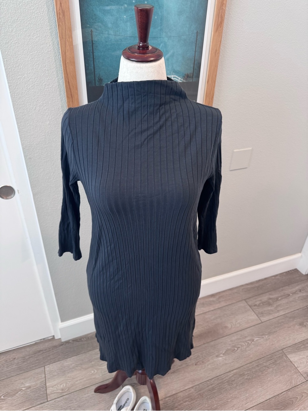 Eileen Fisher Charcoal Blue Ribbed Mock-Neck Mini Tunic Dress